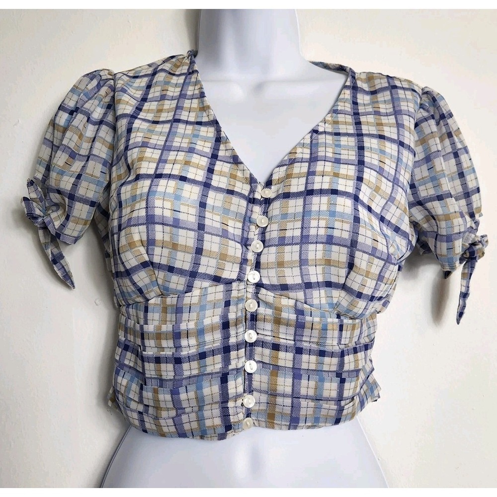 Jopna XS Plaid Milkmaid Crop Top Puff Sleeve Smocked Cottagecore Coquette Blue